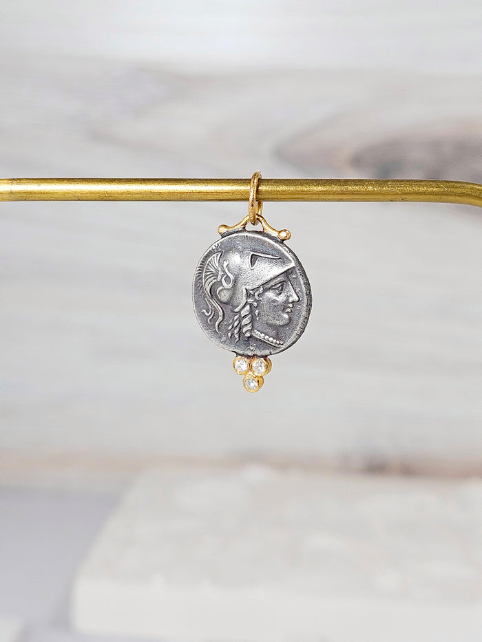 24K Gold Pendant with Diamond & Sterling Silver - Athena Wisdom Goddess | Clearance