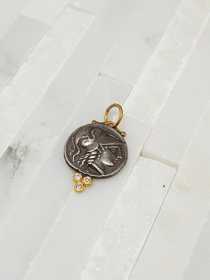 24K Gold Pendant with Diamond & Sterling Silver - Athena Wisdom Goddess | Clearance
