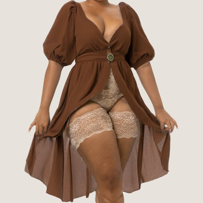 beige lace bandelettes thigh bands close up floral pattern side angle