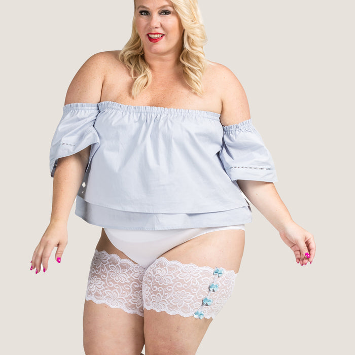 white lace thigh bands with blue bows bandelettes elegant anti chafing