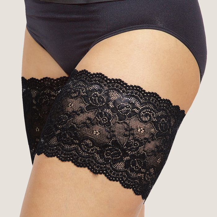 black lace bandelettes thigh bands close up detail anti chafing