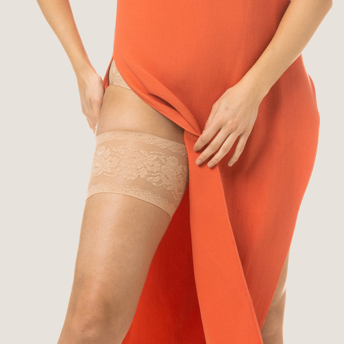 beige anti chafing thigh bands lace bandelettes for dresses full body view