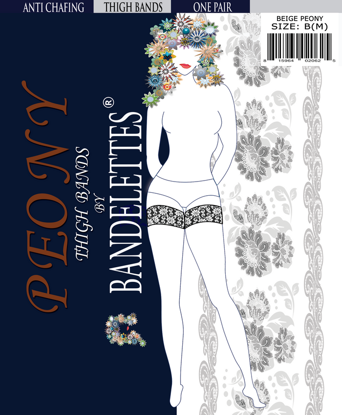 Front cover of a panty pattern booklet or packaging by Bandelettes, showing a white line drawing of a woman wearing patterned underwear and thigh bands, with floral hair and a navy background. Text includes 'PEONY', 'THIGH BANDS', 'ONE PAIR', and 'BEIGE PEONY SIZE: B(M)'.