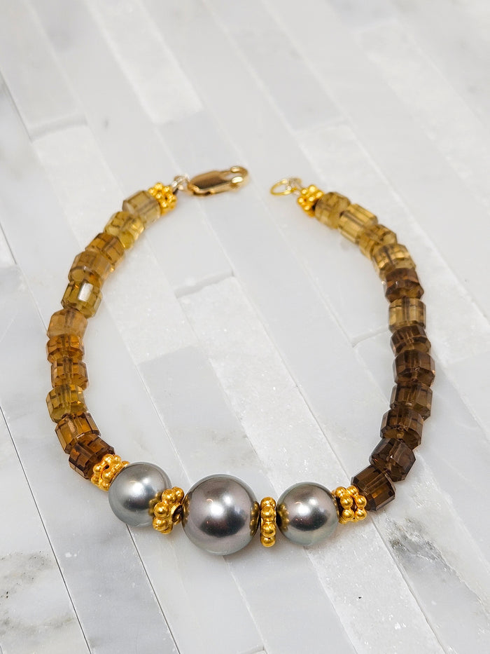 Cognac Quartz Gemstone and Tahitian Pearl 18K Gold Bracelet | Clearance