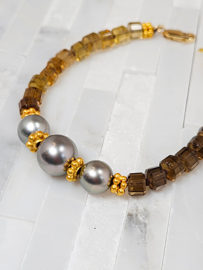 Cognac Quartz Gemstone and Tahitian Pearl 18K Gold Bracelet | Clearance
