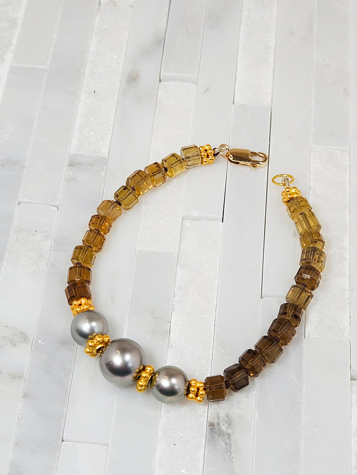 Cognac Quartz Gemstone and Tahitian Pearl 18K Gold Bracelet | Clearance