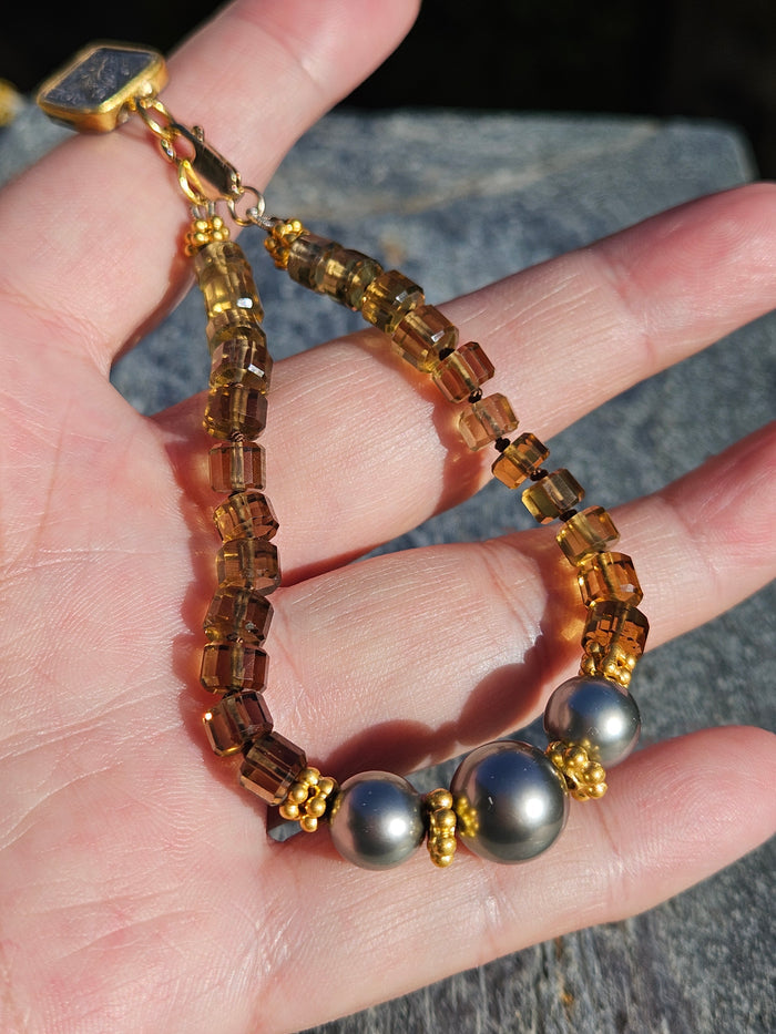 Cognac Quartz Gemstone and Tahitian Pearl 18K Gold Bracelet | Clearance