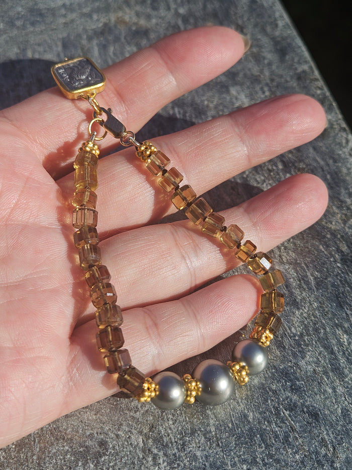 Cognac Quartz Gemstone and Tahitian Pearl 18K Gold Bracelet | Clearance