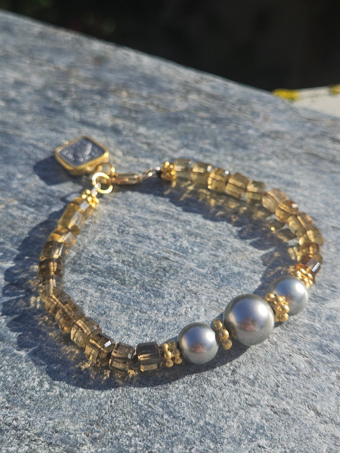 Cognac Quartz Gemstone and Tahitian Pearl 18K Gold Bracelet | Clearance