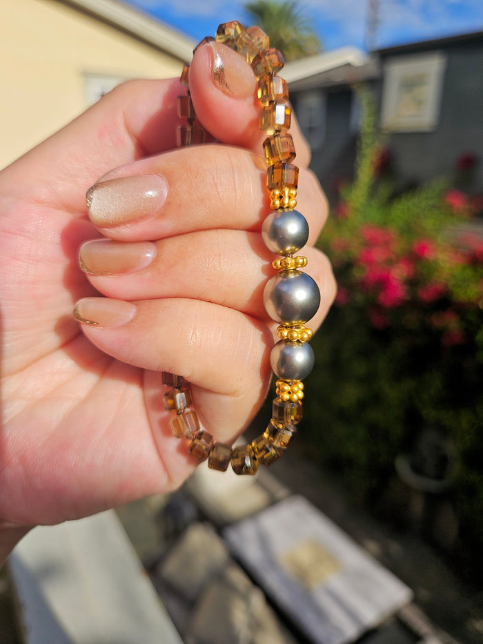 Cognac Quartz Gemstone and Tahitian Pearl 18K Gold Bracelet | Clearance