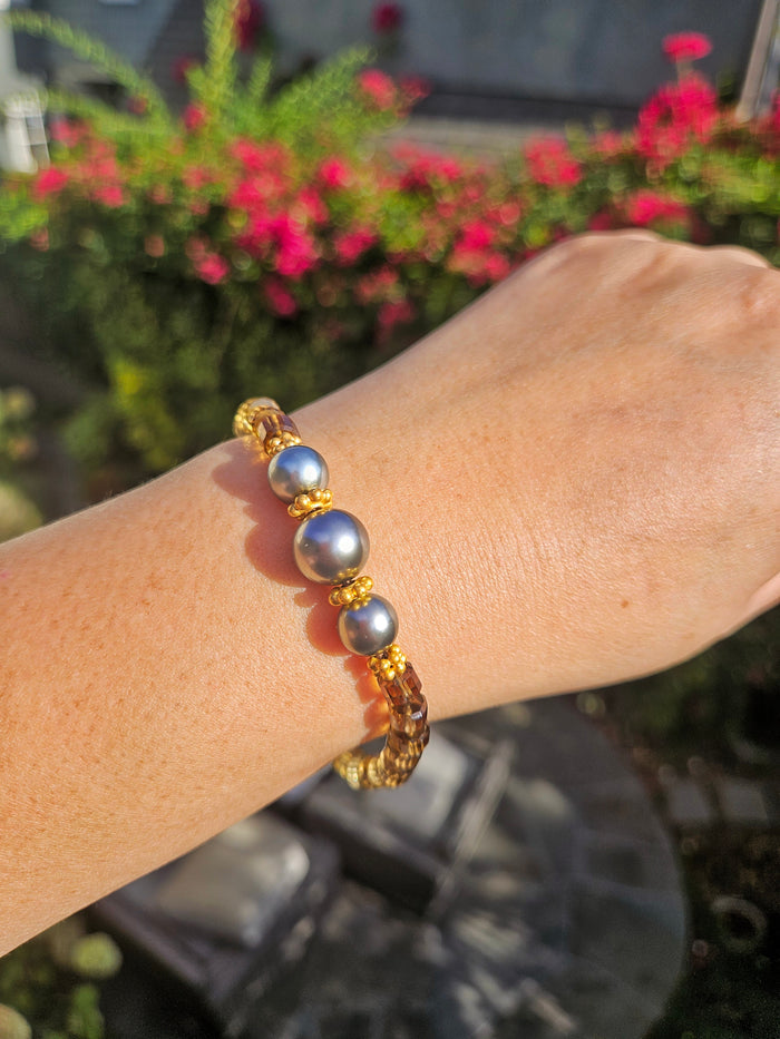 Cognac Quartz Gemstone and Tahitian Pearl 18K Gold Bracelet | Clearance