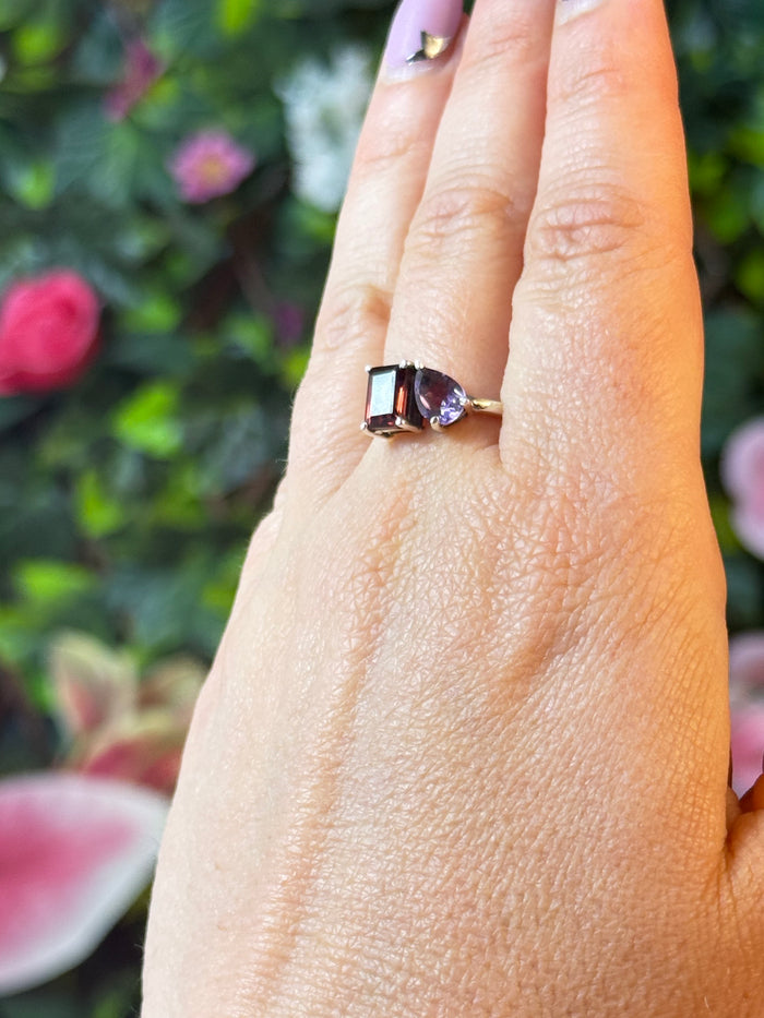 Duo Double Stone - Amethyst / Garnet 925 Silver Ring - Size Q
