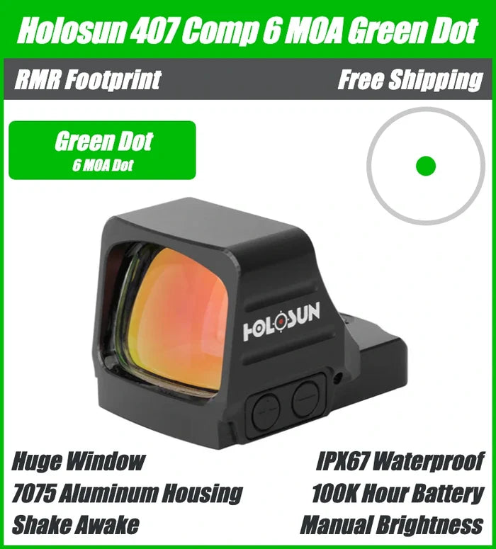 Holosun 407 COMP Green, Huge Competition Window, RMR Footprint, 6 MOA Green Dot, Side Battery - HE407COMP-GR6