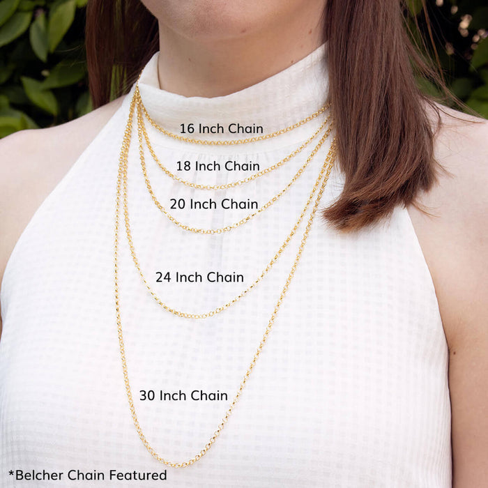 Lily Blanche necklace length guide showing where 16, 18, 20, 22, 24 and 30 inch chains sit