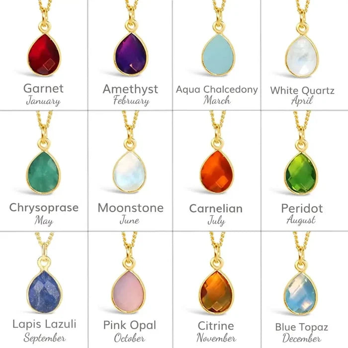 birthstone collection options, January garnet, February amethyst, march aqua chalcedony, April white quartz, may chrysoprase, June moonstone, July carnelian, August peridot, September lapis lazuli, October pink opal, November citrine and December blue topaz