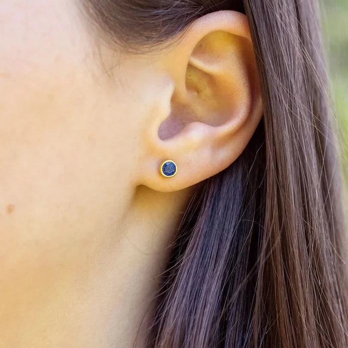 model wearing lapis lazuli silver stud earrings
