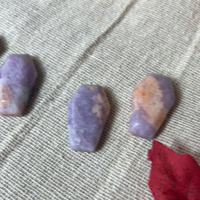 Lepidolite with stillbite coffin - flat back