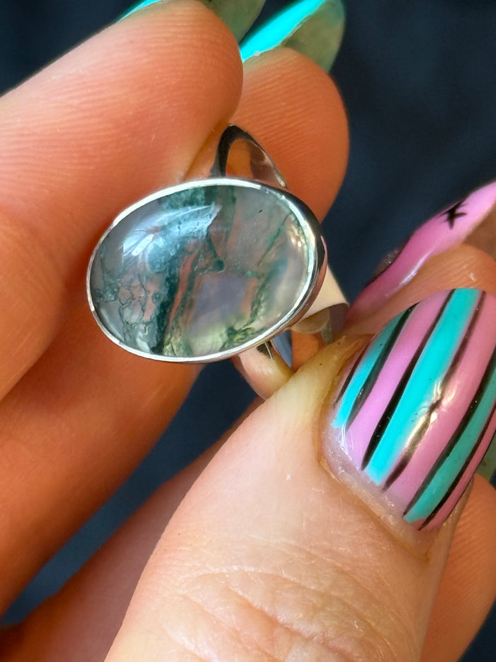 Moss Agate 925 Silver Ring - Size M 1/2