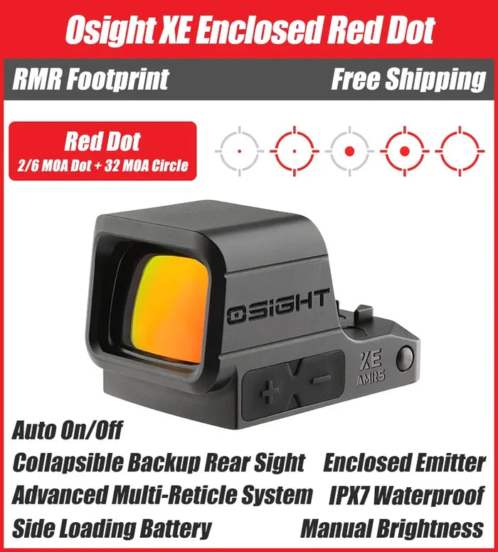 Osight XE Enclosed Red Dot Sight, RMR Footprint, 2/6+32 MOA Multi-Reticle System, Battery Operated