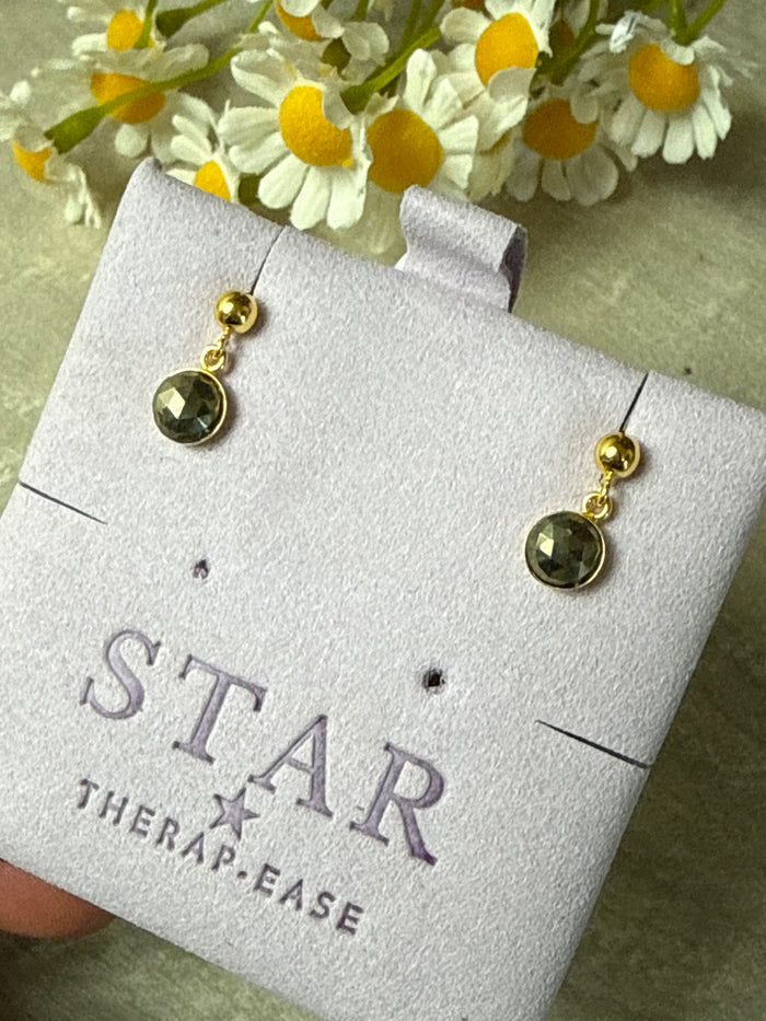 Pyrite Dangly Studs Earrings Handmade - 18K Gold