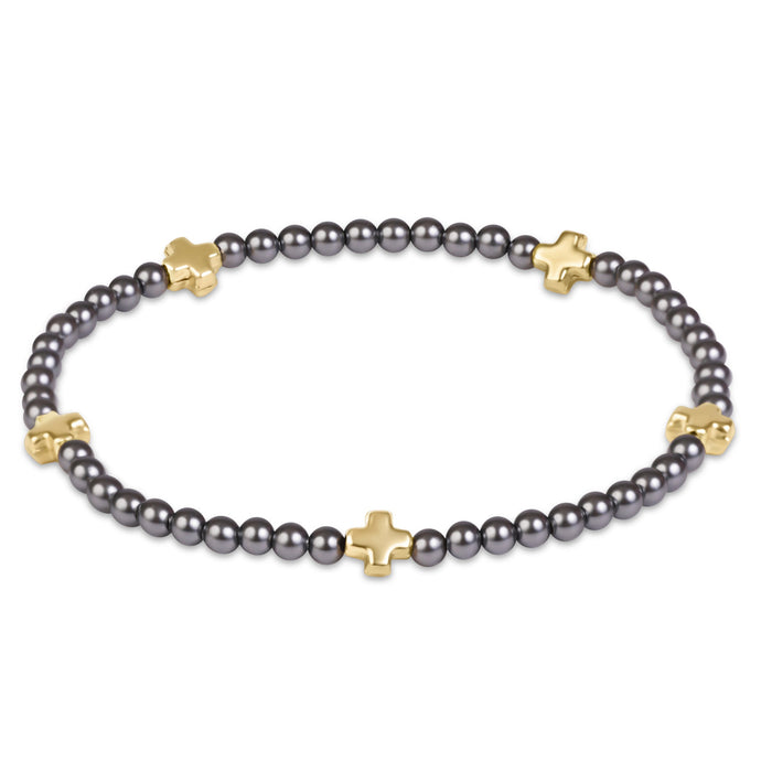 Signature Cross Small 3mm Pearl Dark Grey Bracelet - Gold