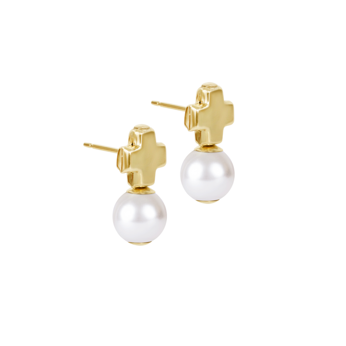 Signature Cross Small Gold Studs - Classic Pearl