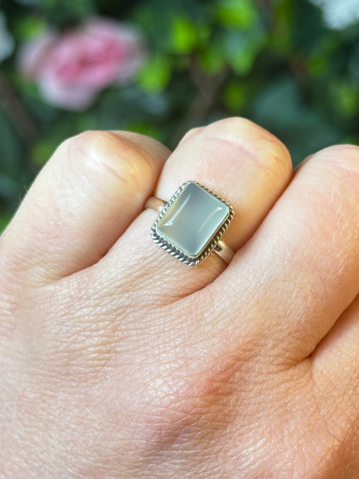 Square Aqua Chalcedony 925 Silver Ring - Size L 1/2